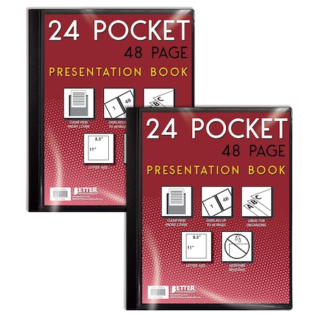 Presentation Book W/Clear Frt Pocket, 24 Pockets, Black, 85in X 11in Clear Pkts, Art Portfolio, 2PK